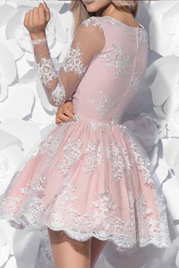 V-Neck Long Sleeves Short Pink Tulle Homecoming Dress with Appliques PG160 - Tirdress