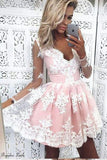 V-Neck Long Sleeves Short Pink Tulle Homecoming Dress with Appliques  PG160