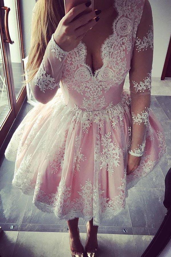 V-Neck Long Sleeves Short Pink Tulle Homecoming Dress with Appliques PG160 - Tirdress