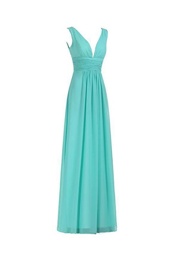 V-Neck Ruched Waist Long Prom Evening Gown Bridesmaid Dress BD006 - Tirdress