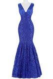 Ärmelloses, bodenlanges, königsblaues Meerjungfrau-Abschlussballkleid mit V-Ausschnitt und Spitze TP0028