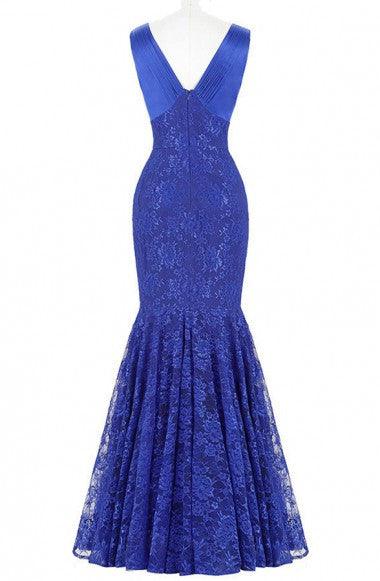 V-Neck Sleeveless Floor Length Royal Blue Mermaid Lace Prom Dress TP0028 - Tirdress