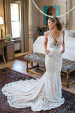 V-Neck Sleeveless Ruched Backless Lace Wedding Dress With Court Train WD141 - Tirdress