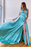 V-Ausschnitt, ärmelloses, geteiltes Tiffany-Blau-Abschlussball-/Abendkleid mit überkreuztem Rücken TP0992