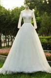 V-neck A-line Floor Length Tulle Wedding Dress With Beading Long Sleeves TN0015 - Tirdress