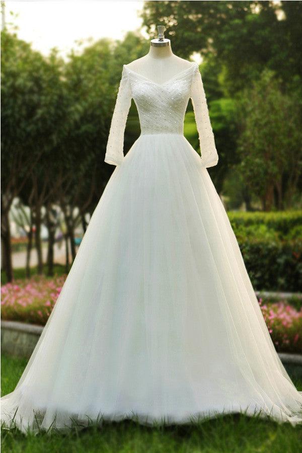 A-Line Floor Length Tulle Wedding Dress with Beading Long Sleeves US10 / Custom Color A-Line Floor Length Tulle Wedding Dress with Beading Long Sleeves US10 / Custom Color