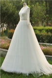 V-neck A-line Floor Length Tulle Wedding Dress With Beading Long Sleeves TN0015 - Tirdress