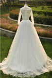 V-neck A-line Floor Length Tulle Wedding Dress With Beading Long Sleeves TN0015 - Tirdress