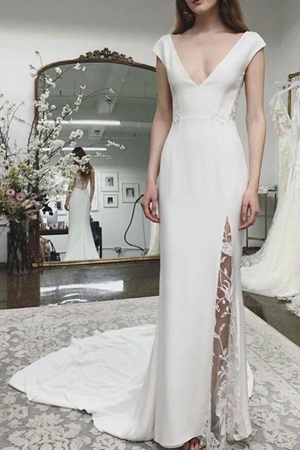 Beach Wedding Dress Cap Sleeves Appliques Backless Lace Bridal Dresses TN199 - Tirdress