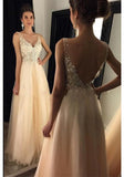 V-neck Beading Applique Long Tulle Prom Dresses Evening Dresses TP0143