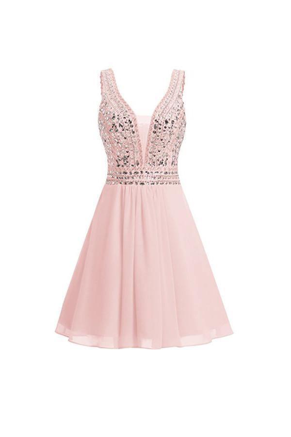 V-neck Beads Chiffon Homecoming Dress Short Prom Dress PG089 - Tirdress