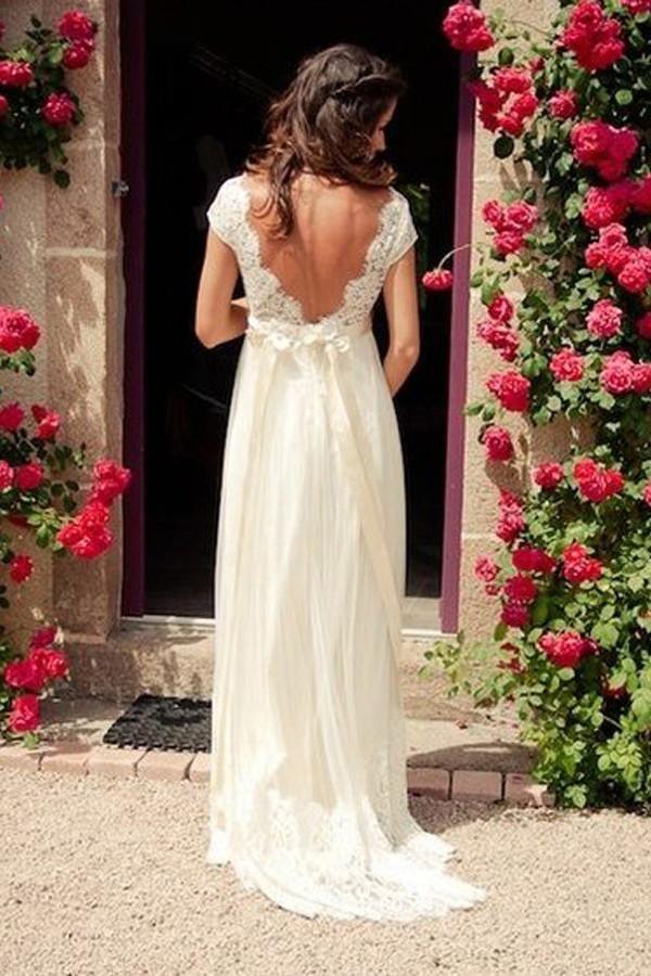 V-neck Cap Sleeves Sweep Train Backless Wedding Dress With Sash US12 / White V-neck Cap Sleeves Sweep Train Backless Wedding Dress With Sash US12 / White