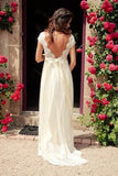V-neck Cap Sleeves Sweep Train Backless Wedding Dress With Sash WD011 - Tirdress