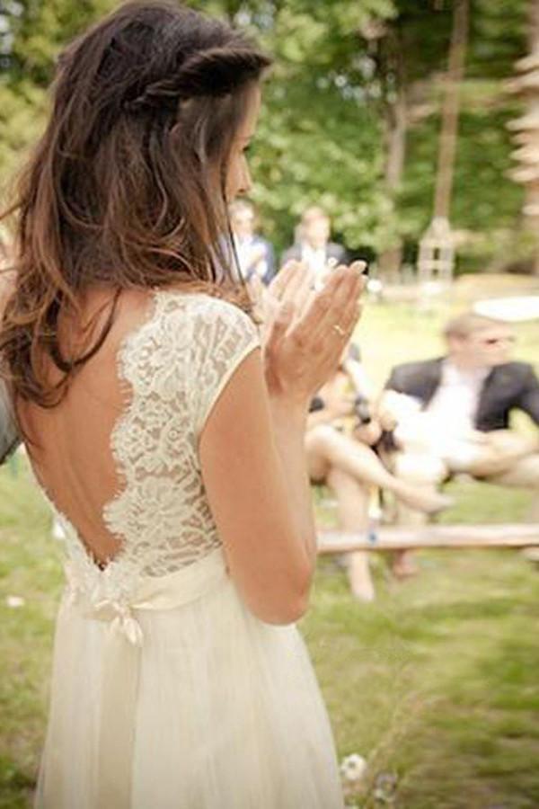 V-neck Cap Sleeves Sweep Train Backless Wedding Dress With Sash WD011 - Tirdress
