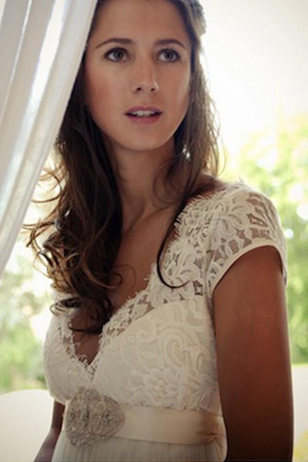 V-neck Cap Sleeves Sweep Train Backless Wedding Dress With Sash WD011 - Tirdress