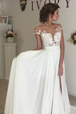 V-neck Cap Sleeves Sweep Train Ivory Wedding Dress with Appliques WD002 - Tirdress