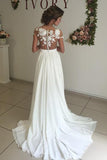 V-neck Cap Sleeves Sweep Train Ivory Wedding Dress with Appliques WD002 - Tirdress