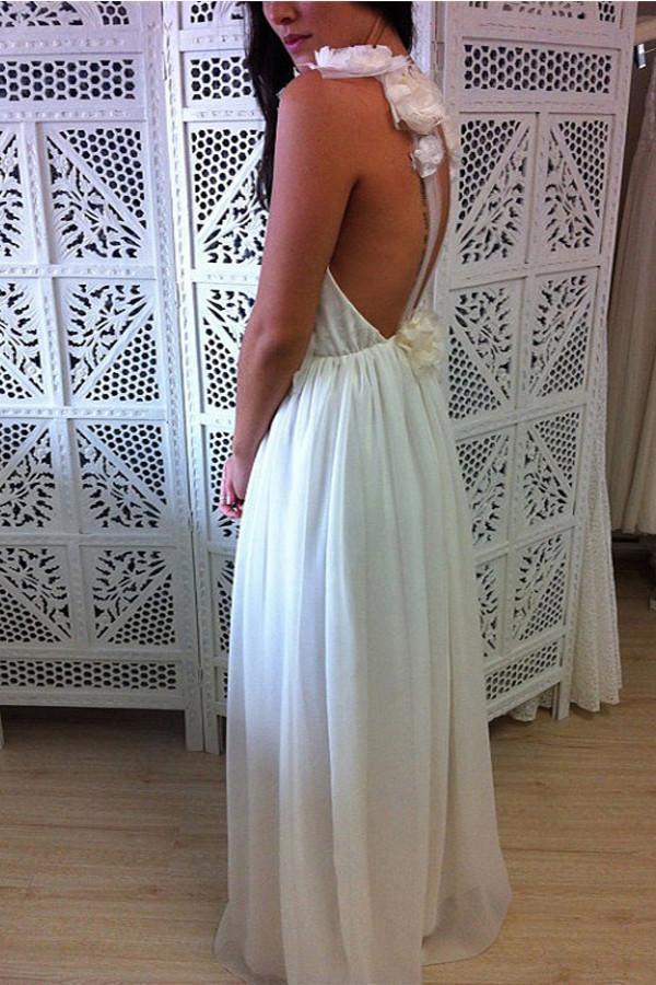 V-neck Floor Length Chiffon Tulle Wedding Dress with Handmade Flower WD005 - Tirdress