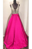 V-neck Floor-length Ball Gown Hot Pink Satin Prom Dress With Beading PG379
