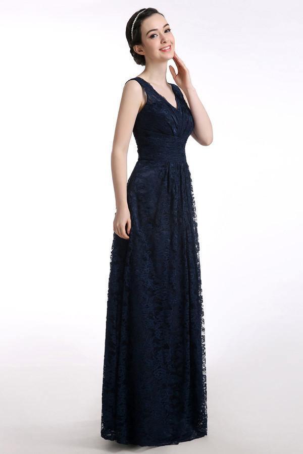 V-neck Floor-length Sleeveless Lace Navy Blue Prom Dress PG 229 - Tirdress