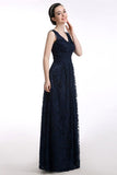 V-neck Floor-length Sleeveless Lace Navy Blue Prom Dress PG 229