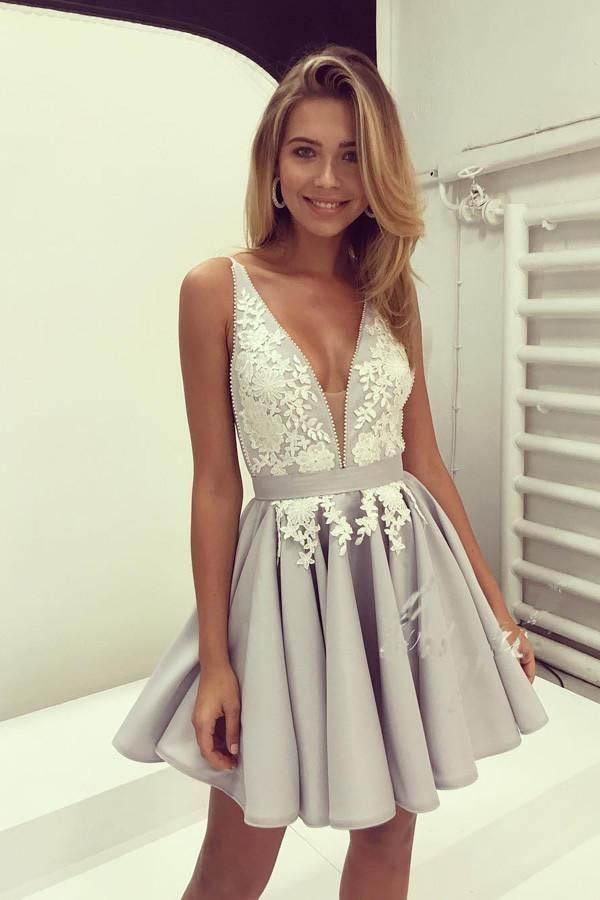 V-neck Grey Homecoming Dreses Short Prom Dresses With Lace Applique PG175 - Tirdress