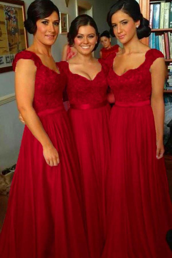 V-neck Long Cap Sleeves Dark Red Bridesmaid Dress With Beading Lace TY0010 - Tirdress