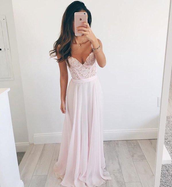 V-neck Long Chiffon Baby Pink Long Prom Dress Evening Dress PG296 - Tirdress