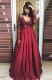 V-neck Long Sleeves Appliques Pleated Floor-length Prom Dress TP0101