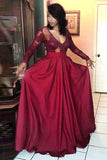 V-neck Long Sleeves Appliques Pleated Floor-length Prom Dress TP0101 - Tirdress
