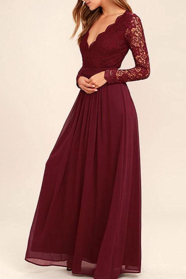 V-neck Long Sleevs Dark Burgundy Lace Chiffon Prom Dress Evening Dress PG409 - Tirdress