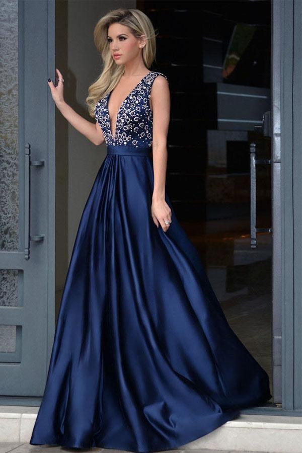 V-neck Royal Blue Satin Beading Prom Dresses With Sweep Train PG443 - Tirdress