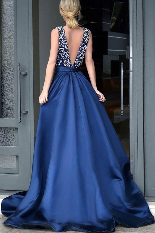 V-neck Royal Blue Satin Beading Prom Dresses With Sweep Train PG443 - Tirdress