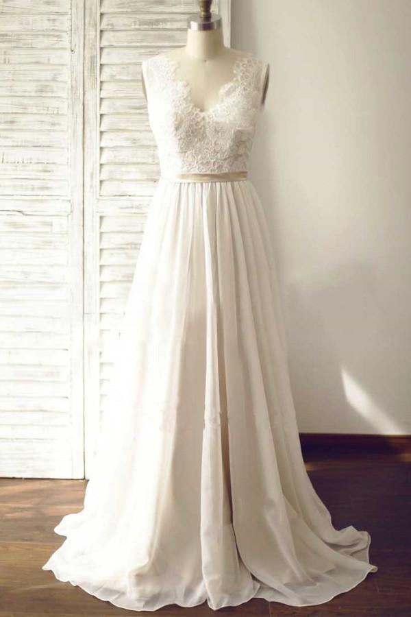 V-neck Sleeveless Open Back Wedding Dress with Lace Sash PG 200 - Tirdress