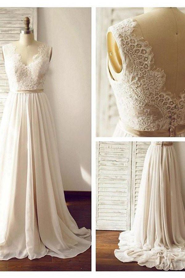 V-neck Sleeveless Open Back Wedding Dress with Lace Sash PG 200 - Tirdress