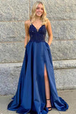 V-neck Spaghetti Straps Prom Dresses Satin A-line Formal Gowns TP0999 - Tirdress
