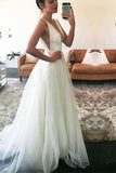 V-neck Straps Sweep-Train Sleeveless White A-line Wedding Dress WD157 - Tirdress