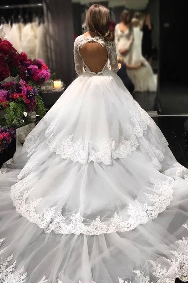 V-neck Tiered Long Sleeves Wedding Dress With Appliques Lace Top Backless TN0088 - Tirdress