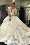 V-neck Tiered Long Sleeves Wedding Dress With Appliques Lace Top Backless  TN0088