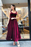 Vintage A-Line Spaghetti Straps Burgundy Velvet Prom Dresses  TP0835