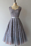 Kurzes Vintage-Brautjungfernkleid in A-Linie mit Bogenkante aus silberner Spitze TY0016