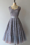 Vintage A-line Scalloped Short Silver Lace Homecoming Bridesmaid Dress TY0016 - Tirdress