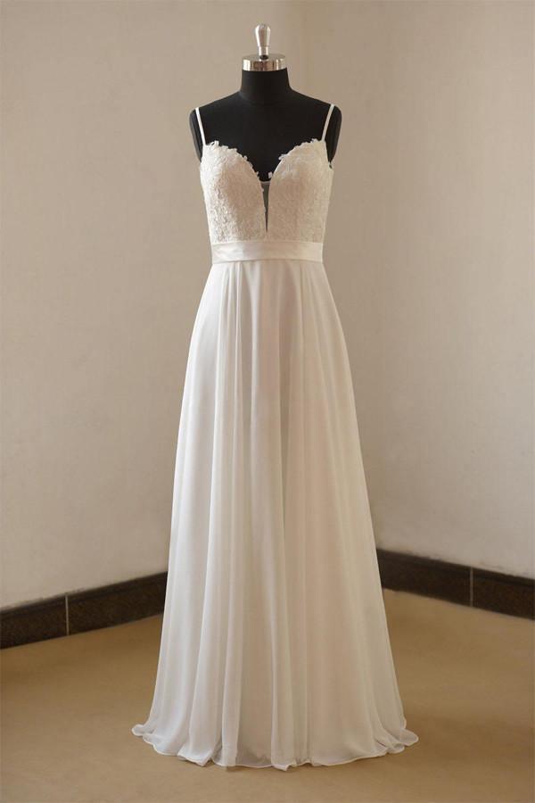 Vintage A-line Spaghetti Straps Long White Chiffon Wedding Dresses WD063 - Tirdress