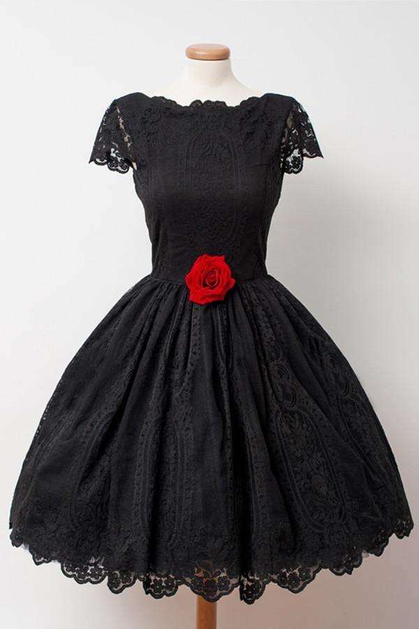 Vintage Black Lace Homecoming Dress Bateau Knee-Length Flower TR0109 - Tirdress