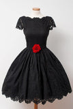 Vintage Black Lace Homecoming Dress Bateau Knee-Length Flower TR0109