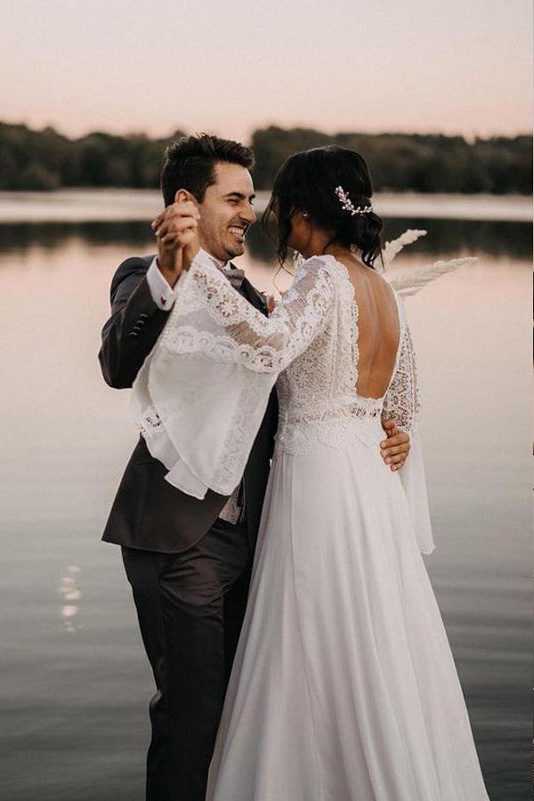 Vintage Chiffon V Neck Wedding Dresses Backless Bridal Gowns