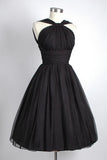 Vintage knielanges, ärmelloses, schwarzes Heimkehrkleid mit offenem Rücken und Rüschen TR0090
