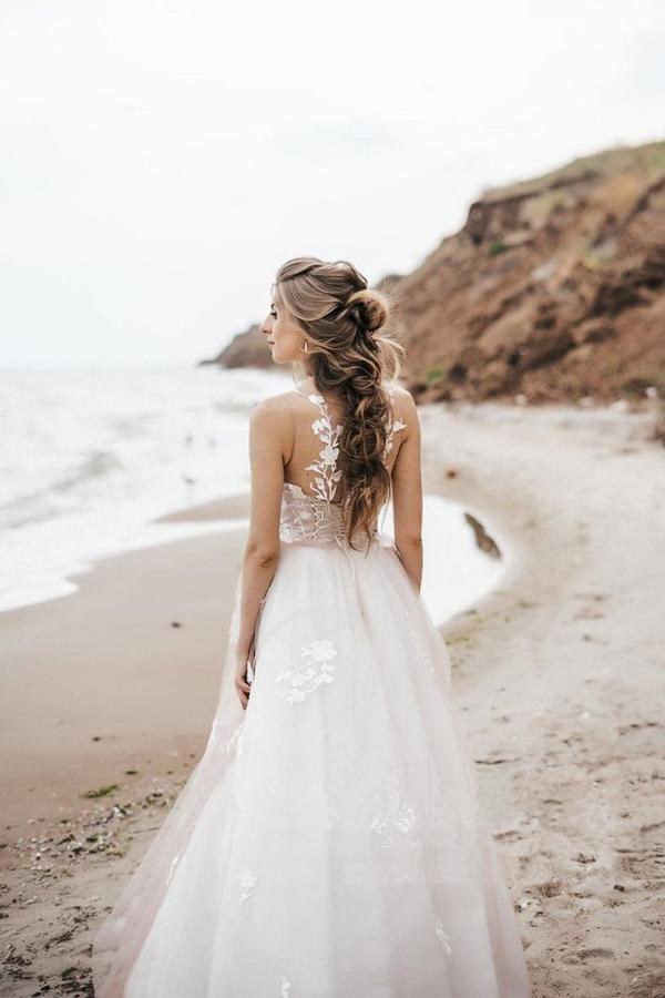 lace scoop neck wedding dress Scoop Neck Tulle Wedding Dress with Spaghetti Straps