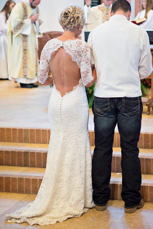 Vintage Mermaid Scoop Keyhole Back Lace Long Sleeves Wedding Dress TN0045 - Tirdress
