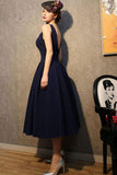 Vintage V Neck Nave Blue Satin Homecoming Dresses Party Dresses PG183 - Tirdress